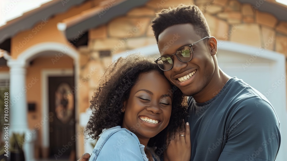 happy black couple in front of their new house, sunny, commercial photo, mortgage concept happy black couple in front of their new house, sunny, commercial photo, mortgage concept