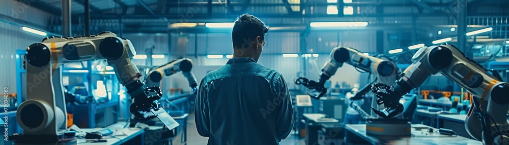 Engineers programming collaborative robots co bots in a smart factory, embodying the principles of Industry 5.0 Engineers programming collaborative robots co bots in a smart factory, embodying the principles of Industry 5.0