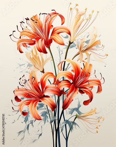 Colorful stylized drawing of lycoris flowers, spider lilies, on a white background photo