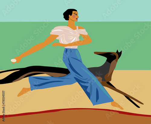 A stylized female figure is depicted running alongside a dog, conveying a sense of movement and energy. They appear to be on a track or path, with simplified blocks of color representing the surroundi