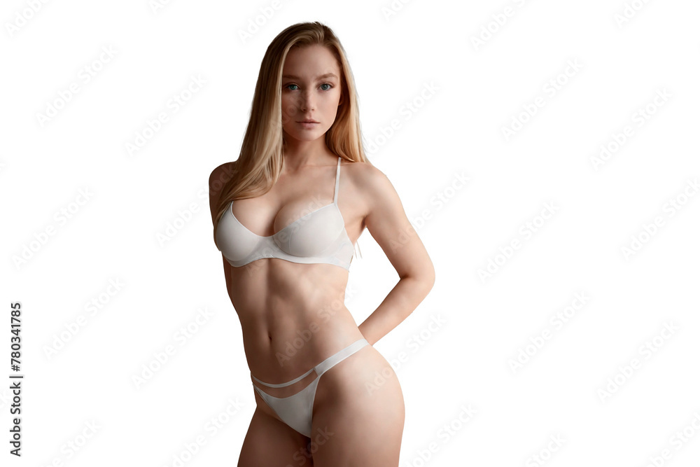 Fototapeta premium girl in white underwear looking at camera isolated on transparent background. young girl posing on transparent studio background with copy space for design wearing white underwear