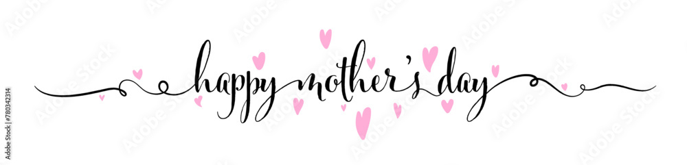 Happy Mother's Day text with hearts. Mother's Day line art banner