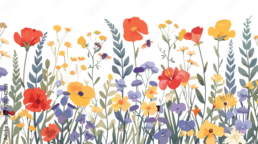 Colorful meadow and garden flowers with insects