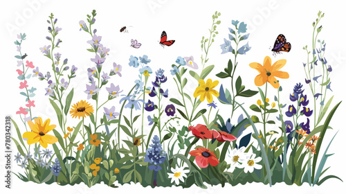 Colorful meadow and garden flowers with insects