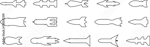 Set of Missile icons in line styles editable stock. Combat rocket weapons. Nuclear atomic warhead symbols. Army or military guided Missile signs. Air missile attack for web on transparent background.