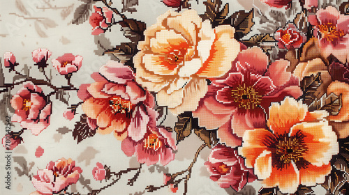 Vintage Floral Cross-Stitch Embroidery