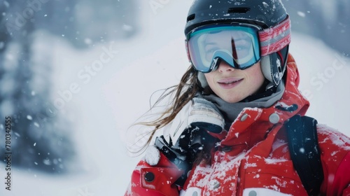 Female snowboarder in winter sport gear enjoys snowfall on mountain slope