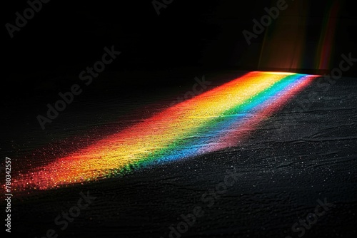 Light rushing towards a prism separate light rainbow spectrum against a solid black background.