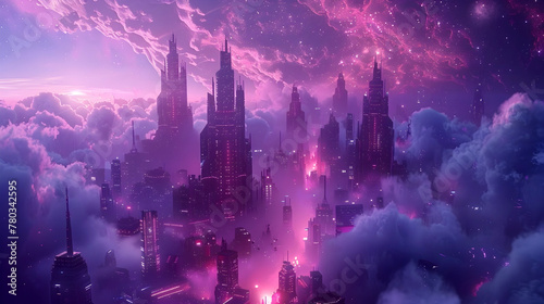 Futuristic Cybernetic Cityscape Amidst Cosmic Nebula Splendor Visionary Sci Fi of Hyper Metropolis in Space