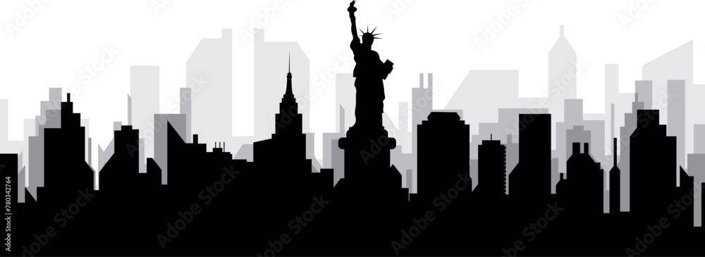 Black cityscape skyline panorama with gray misty city buildings background of NEW YORK CITY, UNITED STATES