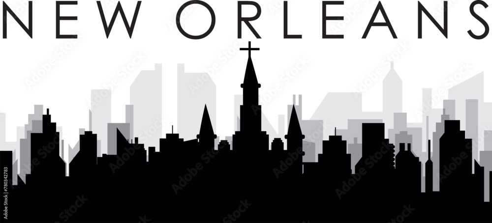 Fototapeta premium Black cityscape skyline panorama with gray misty city buildings background of NEW ORLEANS, UNITED STATES
