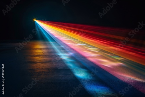 Light rushing towards a prism separate light rainbow spectrum against a solid black background. © Fayrin