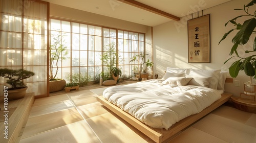 Tranquil Japanese Style Bedroom with Natural Light and Tatami Floors