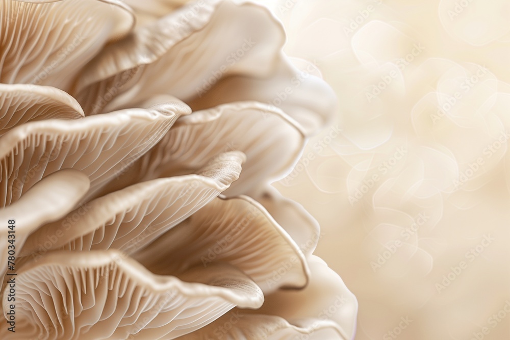 A closeup of the edge and texture of an oyster mushroom, showcasing its unique patterned edges in neutral tones. The soft cream background highlights details. Soft natural light, macro