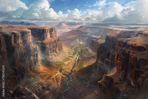 A canyon landscape of towering cliffs and meandering rivers that cut through vast expanses of rugged ancient rock formations.
