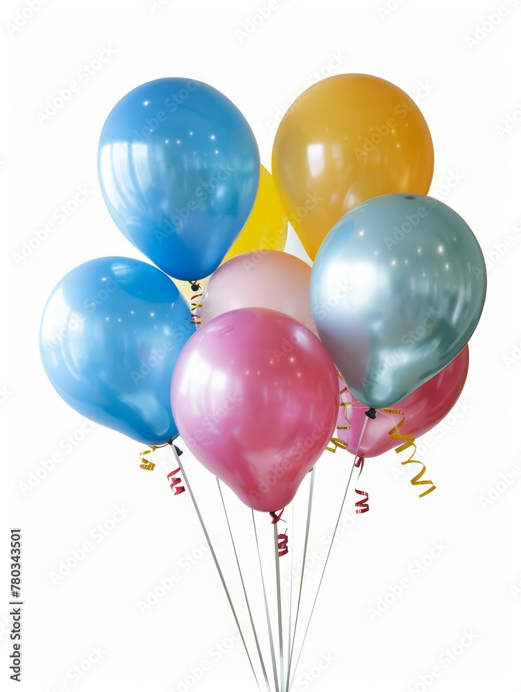A group of colorful helium balloons tied with string isolated on white background, AI generated. A group of colorful helium balloons tied with string isolated on white background, AI generated.