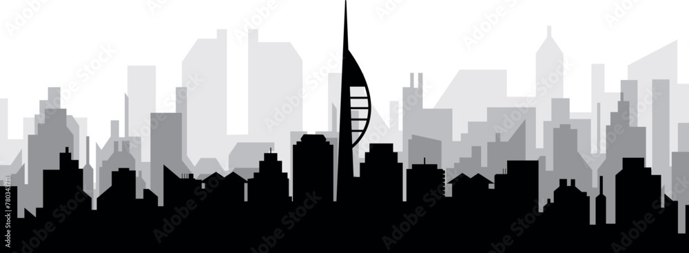 Black cityscape skyline panorama with gray misty city buildings background of PORTSMOUTH, UNITED KINGDOM