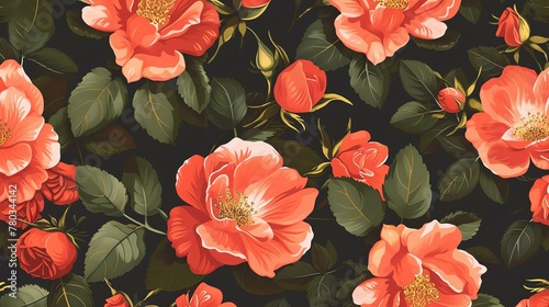 A seamless pattern of orange roses with green leaves on a dark background.