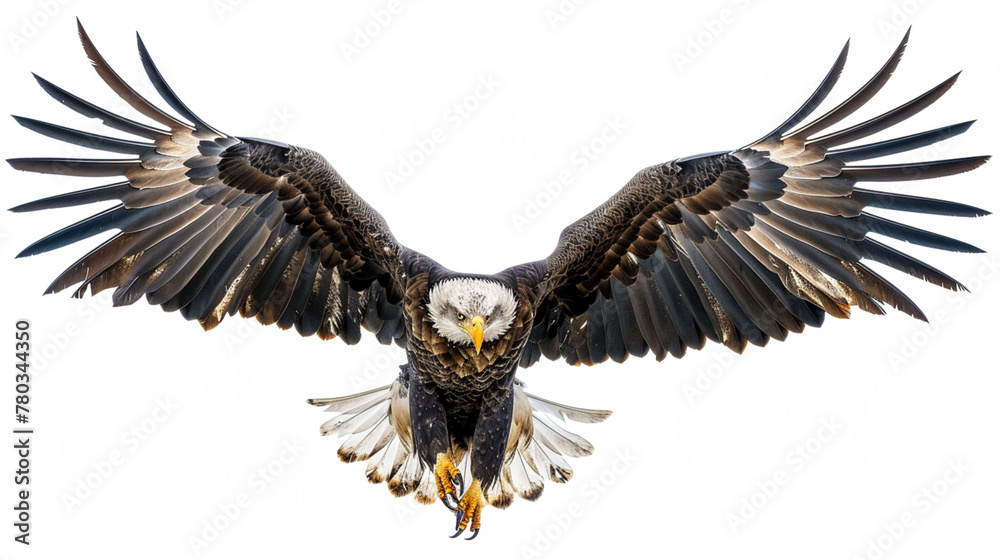 Obraz premium An eagle soaring in the air on a light background. An eagle before landing. AI generated.