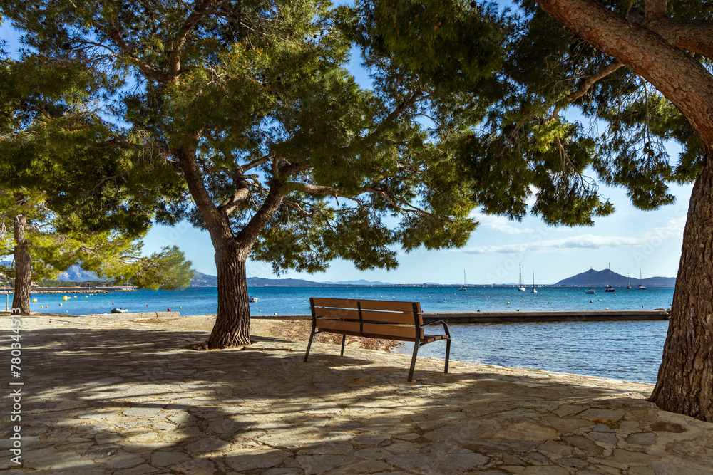 The beautiful bay of Puerto Pollenca, Mallorca, Spain with the Pine walk along the Promenade. Puerto De Pollensa
