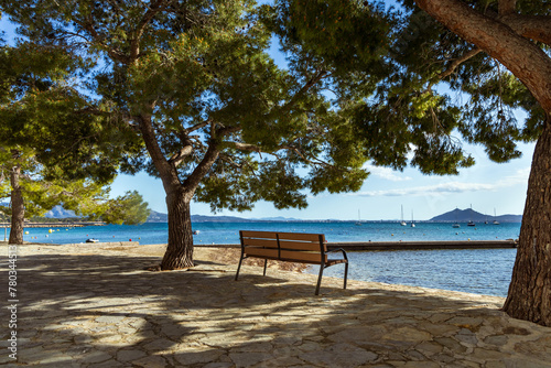 The beautiful bay of Puerto Pollenca, Mallorca, Spain with the Pine walk along the Promenade. Puerto De Pollensa 