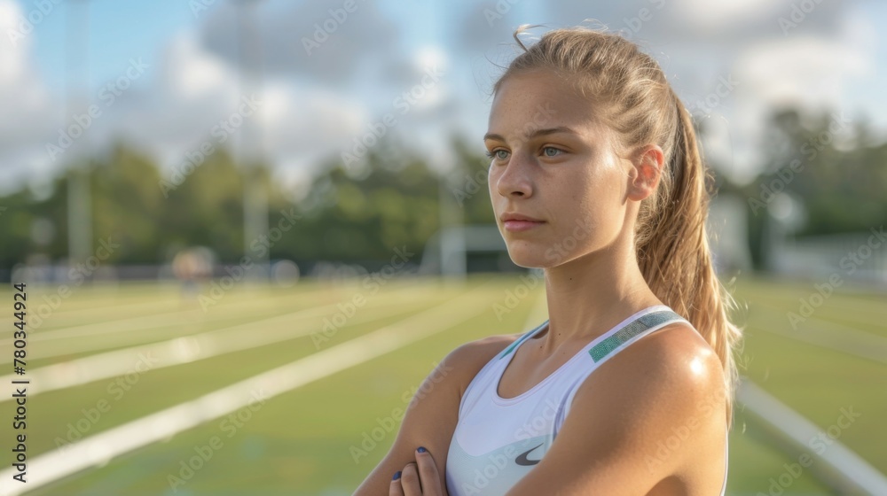 Determined athlete poised on the track field with competition focus and fitness ambition