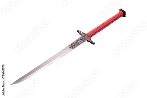 Red and Silver Sword With Red Handle. On a White or Clear Surface PNG Transparent Background.