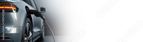 An electric car is charging from a charging station on a white background. Fuel for electric vehicles. Connecting and charging a hybrid car. Banner. Copy space for text