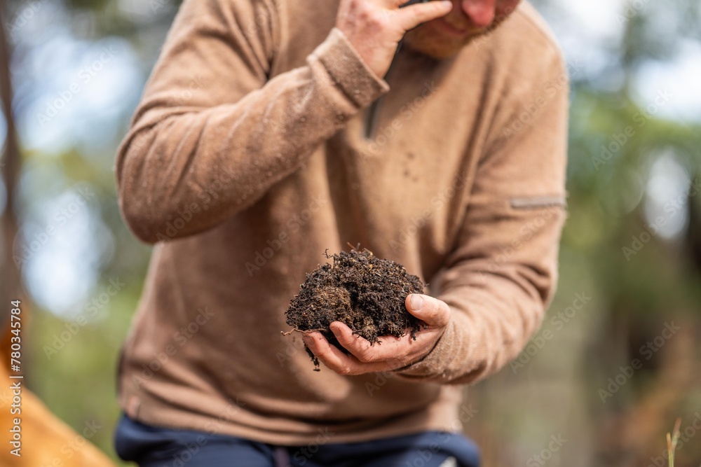 university student conducting research on forest health. farmer collecting soil samples in a test tube in a field. Agronomist checking soil carbon and plant health on a farm university student conducting research on forest health. farmer collecting soil samples in a test tube in a field. Agronomist checking soil carbon and plant health on a farm