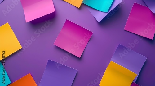 A variety of colorful sticky notes are arranged on a purple background. photo