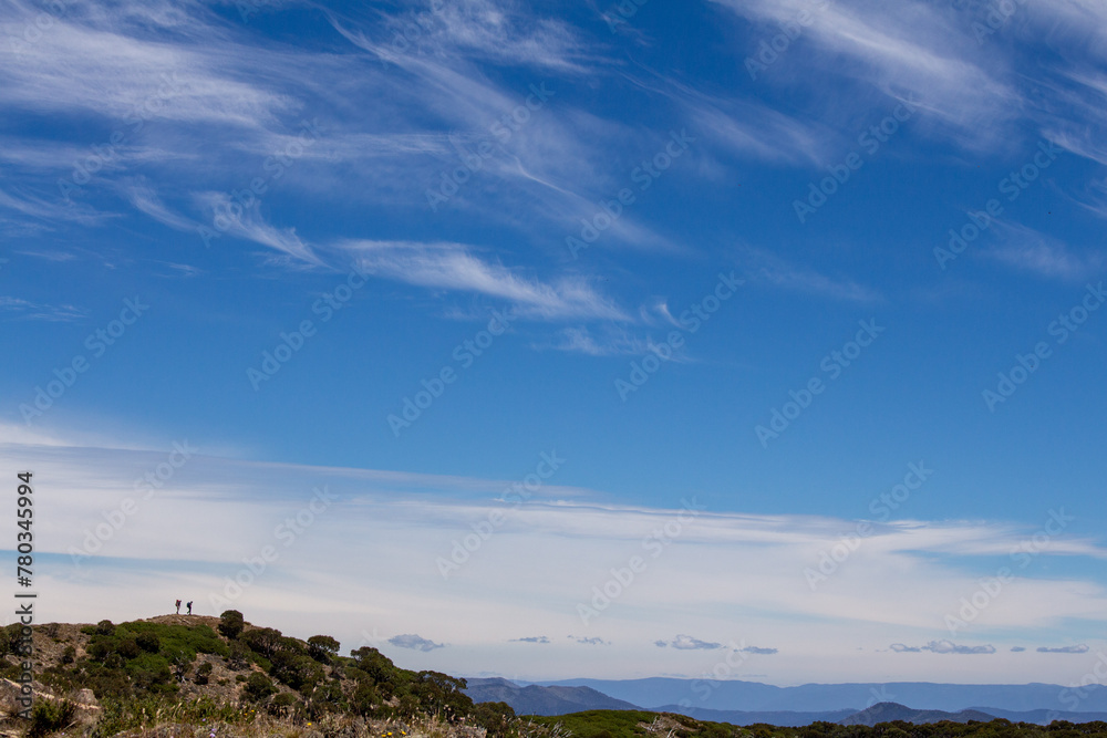 Hiking trail in the mountains on a sunny summer's day. Mt feather top, alpine national park, Victoria, Australia. Hiking trail in the mountains on a sunny summer's day. Mt feather top, alpine national park, Victoria, Australia.