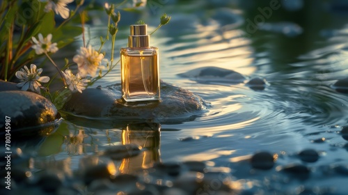 a perfume bottle sitting on the rock with moody background