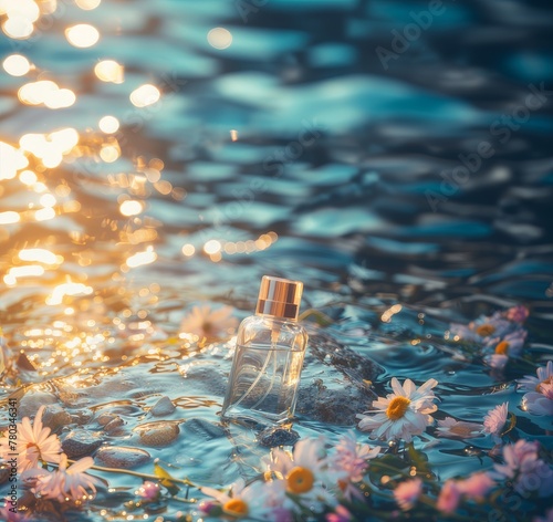 a perfume bottle over the lake with some flower in it