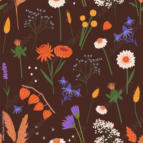 Different wild and garden flowers on endless background. Repeatable pattern of various meadow blossom plants, wildflowers. Floral backdrop, botanical decoration. Flat seamless vector illustration © Paper Trident