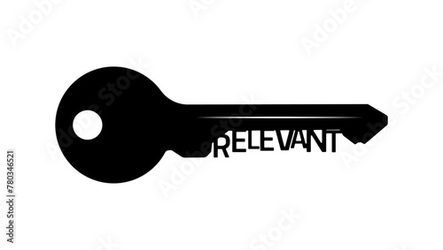 'relevant' emblem,  key with text,  black isolated silhouette