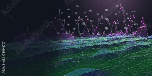 Abstract background color wireframe from circles with lines and data. Interlacement  technology data concept in virtual space. Big Data. Banner for business, science and technology data analytics. photo