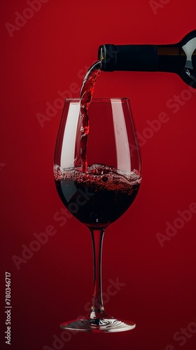 Red wine is poured from a bottle into a glass, photography, minimalism, scarlet background