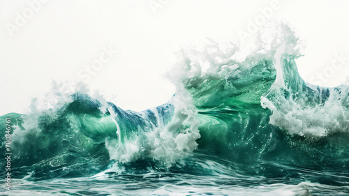 A dynamic wave cresting with vibrant green hues and white foam. photo