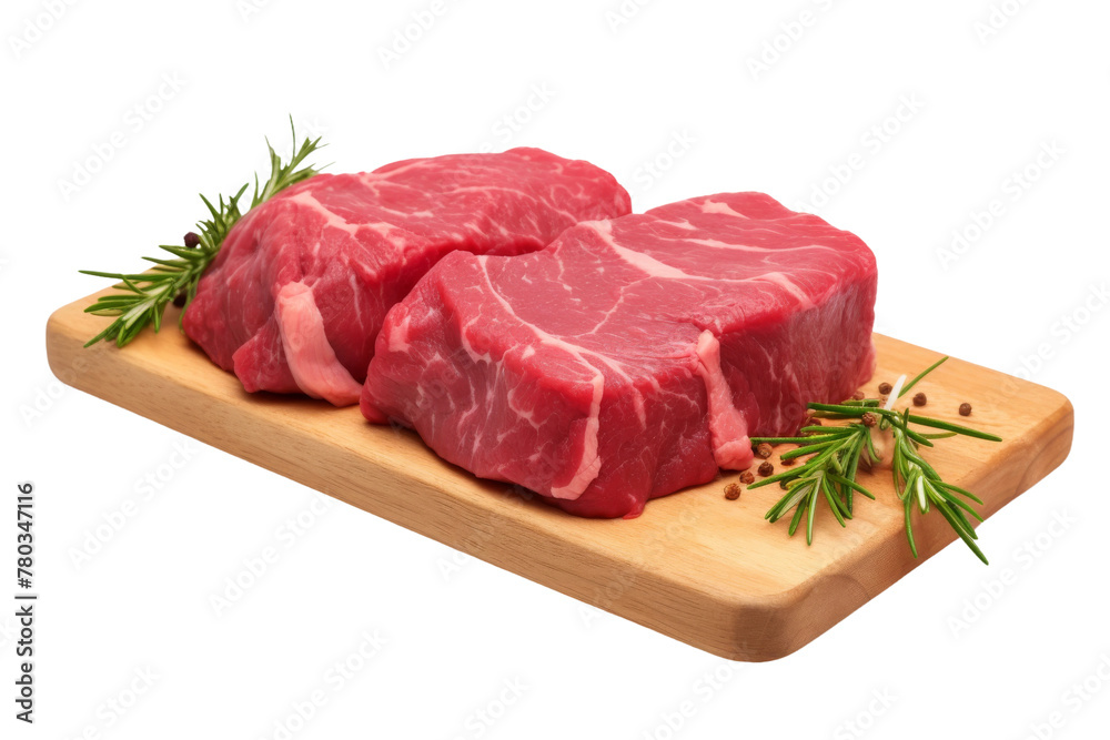 Two Pieces of Raw Meat on Cutting Board. On a White or Clear Surface PNG Transparent Background. Two Pieces of Raw Meat on Cutting Board. On a White or Clear Surface PNG Transparent Background.