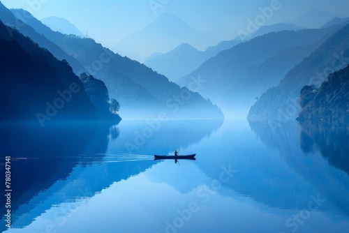 Paddleboarder on a crystal-clear lake at dawn,  Lone boatman traverses glassy waters amidst layered hills shrouded in mist, a scene of tranquil blues evoking serene solitude. photo