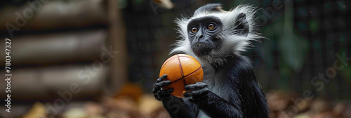 a Colobus monkey playing with football beautiful animal photography like living creature