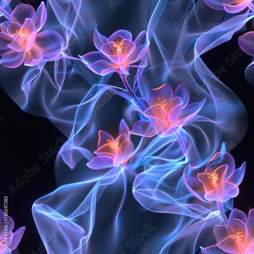 Seamless magic night neon flowers pattern background