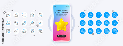 Charging station, Parcel checklist and Exhaust line icons. Phone mockup with 3d star icon. Pack of Mountain bike, Petrol station, Tracking parcel icon. Vector