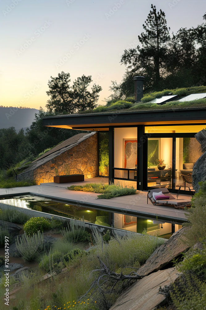 Residential property with a living green roof, blending seamlessly into the landscape, emphasizing eco-conscious design and sustainability.