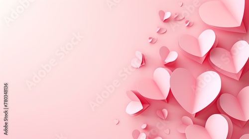 Pink paper hearts on a pink background. The hearts are of different sizes and are arranged in a random pattern.