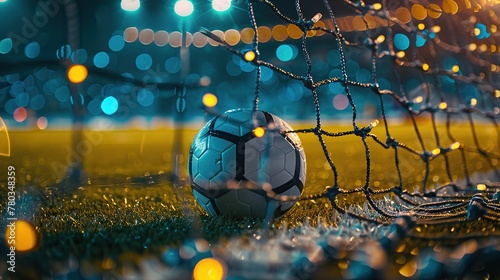 Soccer ball in the goal, with lights and bokeh effect. Background with empty space. High quality photo in the style of copy space.