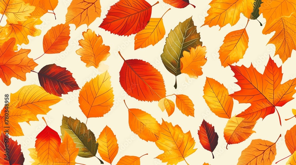 A beautiful pattern of autumn leaves in various shades of yellow, orange, red, and green. The leaves are set against a cream-colored background.