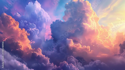 A beautiful dreamscape of fluffy cloudscape with a pop of setting sun peeking through. photo