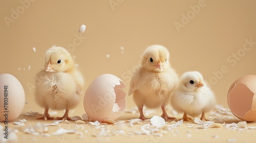Closeup of adorable chicks and eggshell fragments on beige, celebrating the arrival of sweet baby animals.
