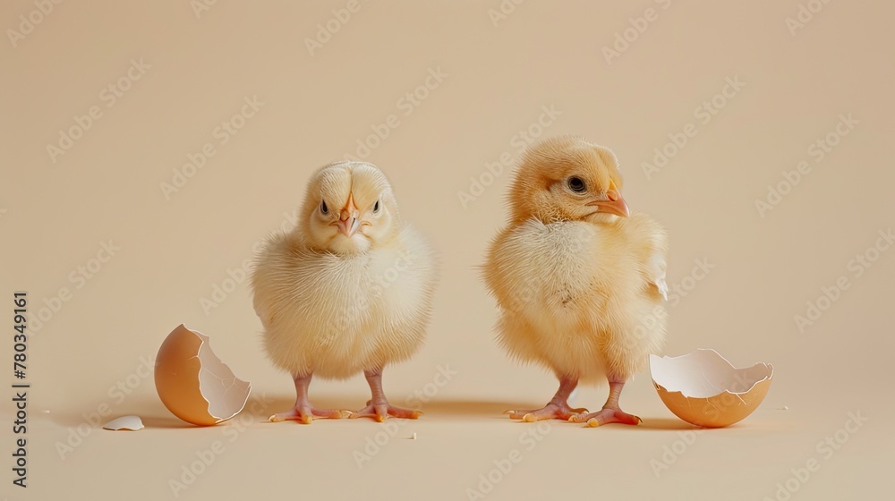 Fototapeta premium Closeup of adorable chicks and eggshell fragments on beige, celebrating the arrival of sweet baby animals.